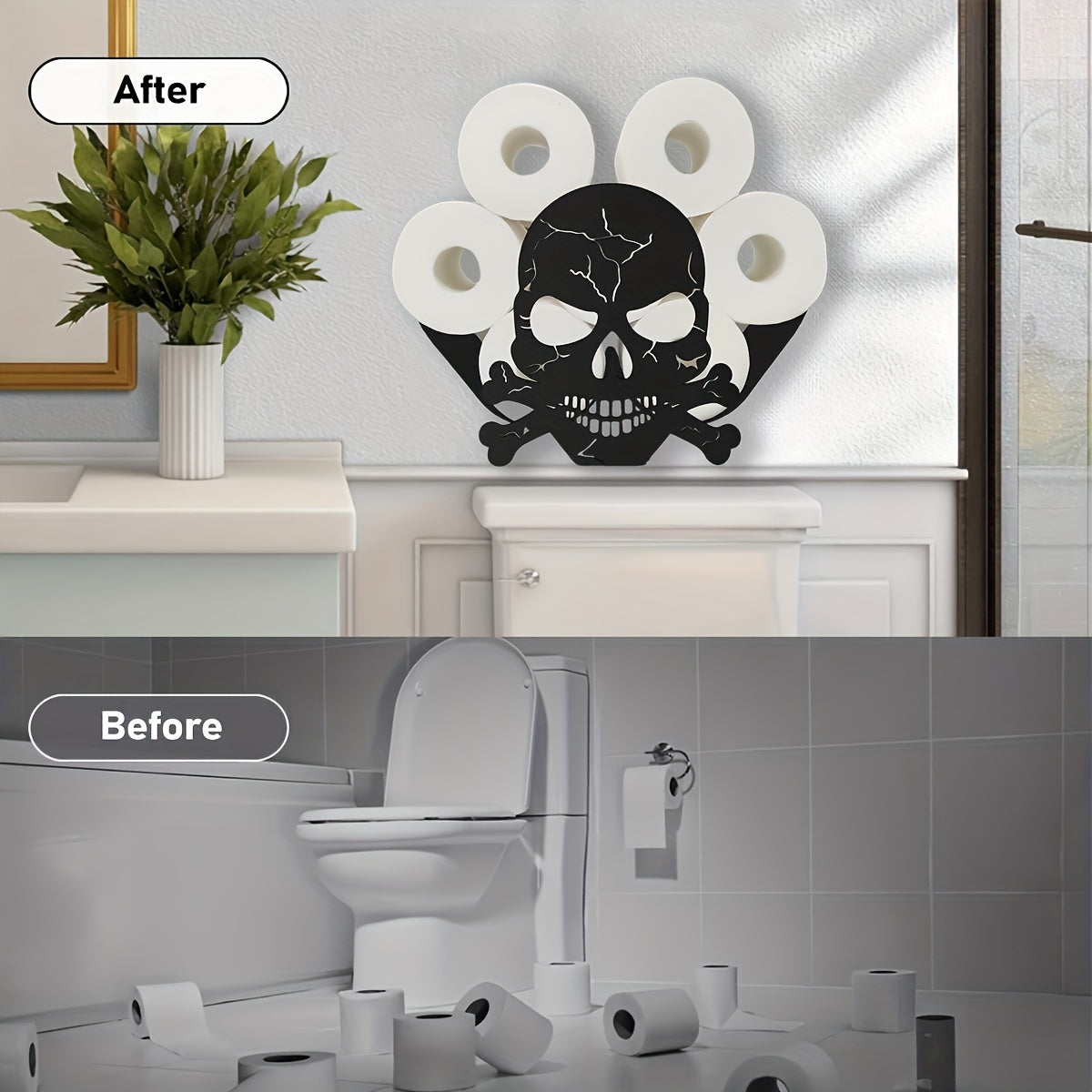 Metal Wall-Mounted Tissue Box Holder with Skull & Crossbones Design - Self-Adhesive No-Drill Bathroom & Kitchen Storage for Single/Double/Forever Rolls, Fits All Sizes, Modern Home Decor, Bathroom Storage, Decorative Accents
