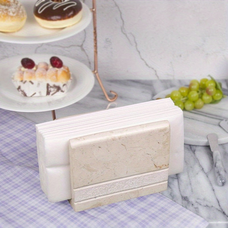 Natural Champagne Marble Hand Carved Collection Tabletop Napkin Holder Stand Tissue Paper Dispenser Decorative Kitchen Countertop Dining Table Organizer 3" x 5.8" x 4.5" H Beige