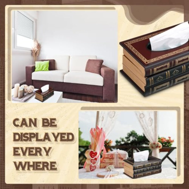 2pcs Wooden Retro Book Tissue Box Cover Antique Tissue Box Cover Rectangular Classical Novelty Paper Holder Dispenser Medieval Home Decor for Living Room Offi Car Kitchen, Car Organizer, Office Decor, Classical Style, Medieval Aesthetic, Classic Finish,
