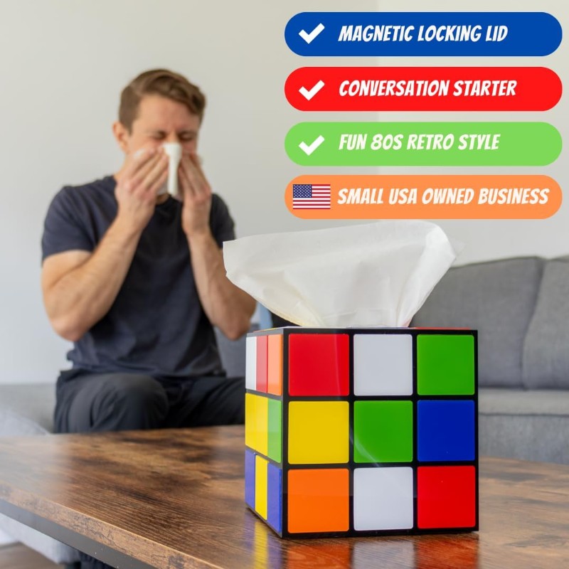 Magic Cube Tissue Box Cover Retro Home Decor Funky Furniture Magnetic Bottom Lid Fun House 80 s Home Decor Funny Tissue Box Cover