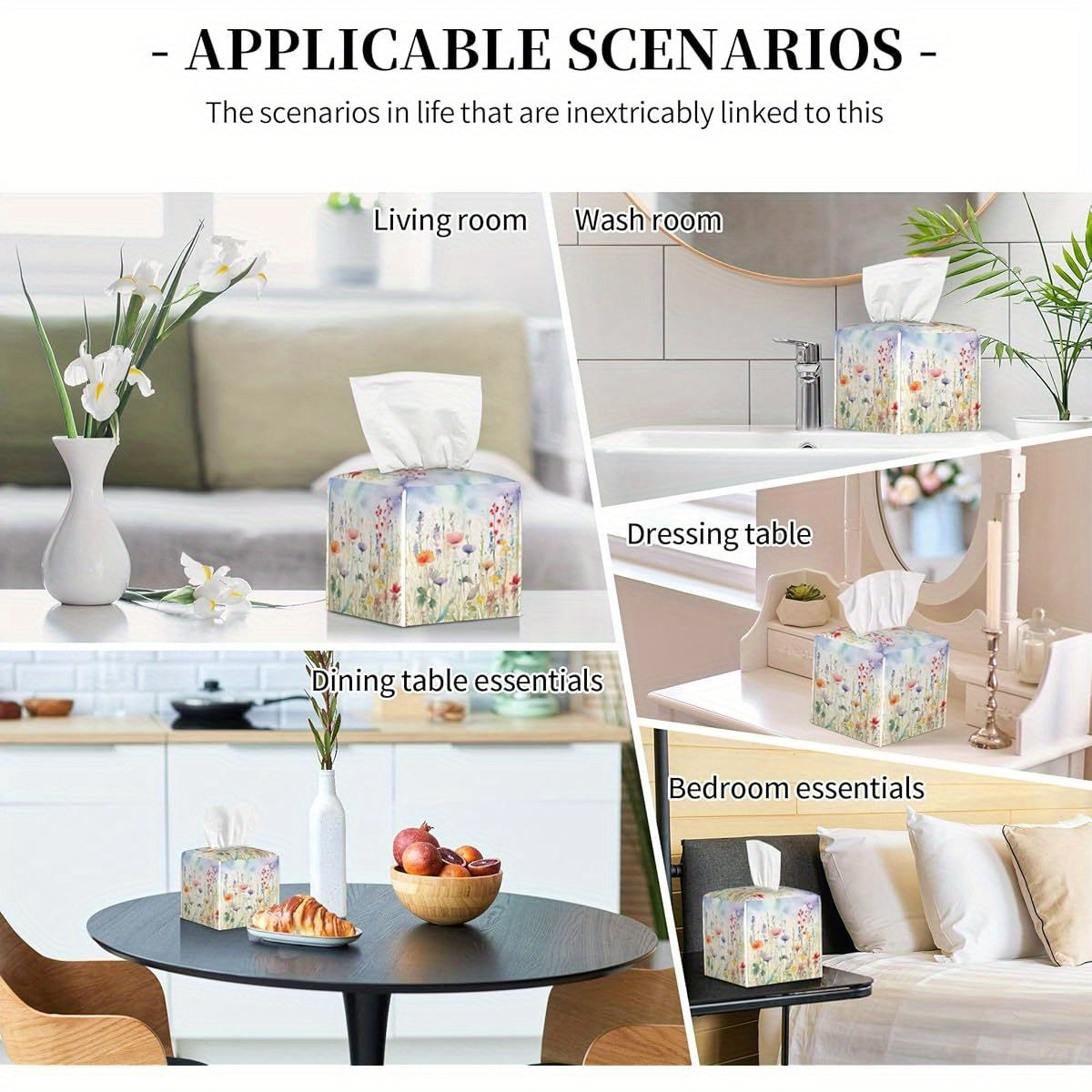 Watercolor Flower Tissue Box Cover Square, Colorful Flowers Tissue Box Holder Waterproof Leather Facial Paper Organizer Dispenser for Bathroom Home Car Nightstand Vanity Desk