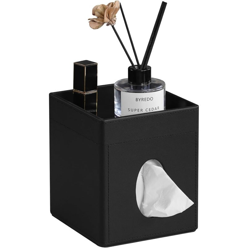 Modern Faux Leather Tissue Box Cover with Storage Tray - Square Decorative Organizer with Open-Top Lid & Hygienic Design, Space-Saving Black Tissue Holder for Bathroom Vanity, Bedroom Nightstand, Office Desk - Durable & Easy-Clean Surface, Fits Standard